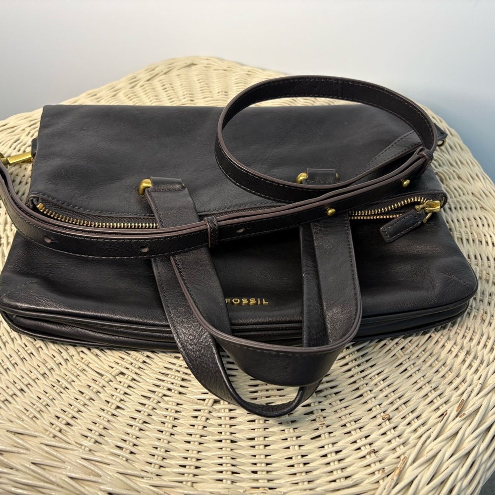 Fossil Black Leather Memoir Anthology Fold Over Tote Crossbody Bag - Picture 5 of 13